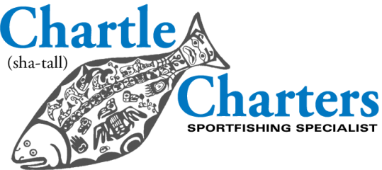 Logo with tribal fish art and text 'Chartle Charters Sportfishing Specialist'.