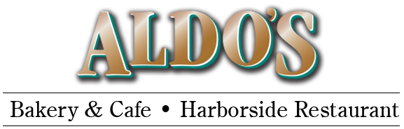 Logo reads 'ALDO'S' with 'Bakery & Cafe • Harborside Restaurant' below.
