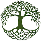 Green Celtic tree of life with intertwined roots and branches in a circular design.
