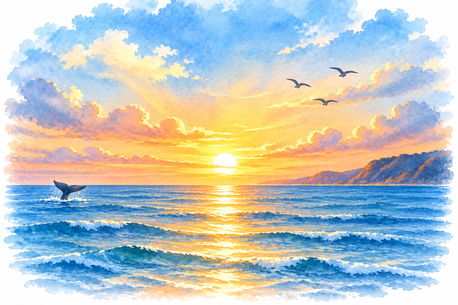 Sunset over Monterey Bay with a whale fluke