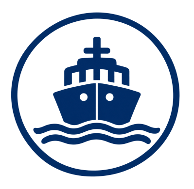 Blue ship icon inside a circle with waves.