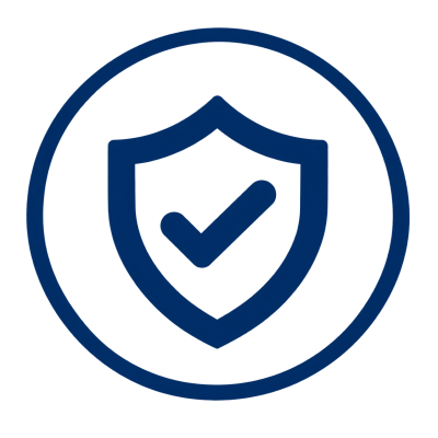 Blue shield with check mark inside a circle on a white background.