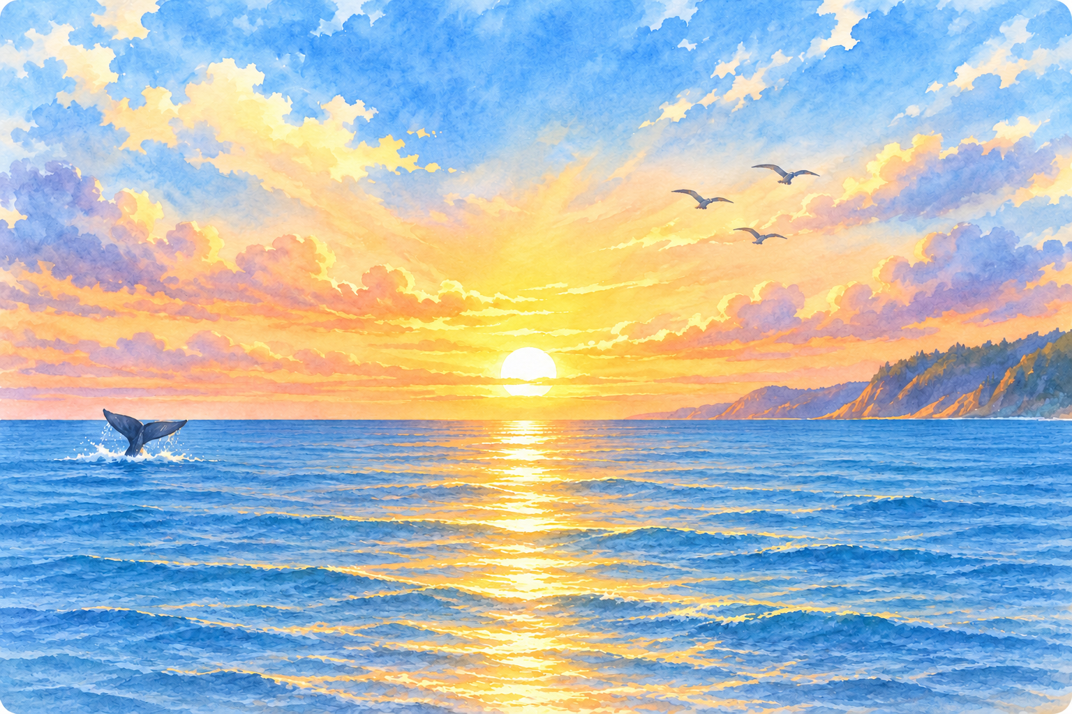 Watercolor illustration of a whale’s tail in calm ocean waters at sunset.