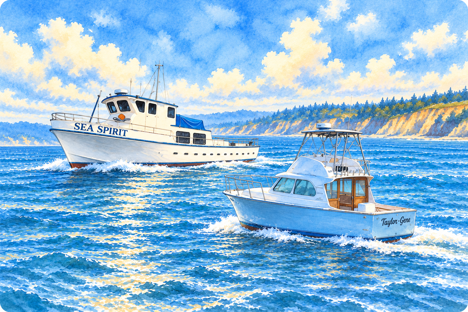 Watercolor illustration of Sea Spirit and Taylor-Gene on Monterey Bay.